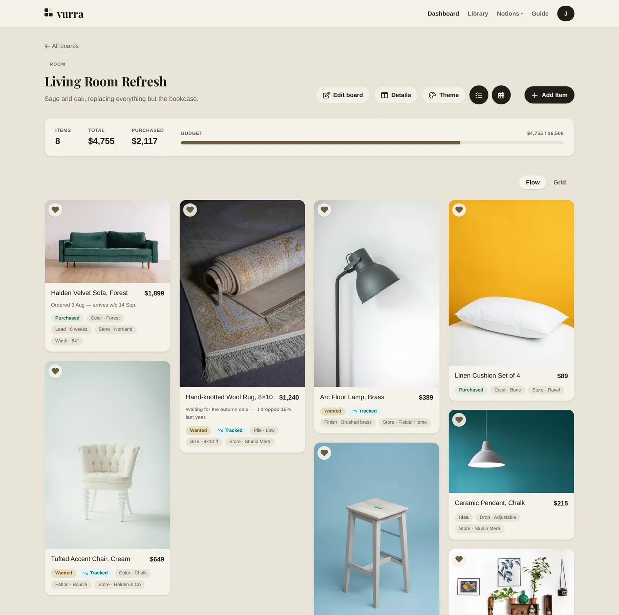 A board called Living Room Refresh. A summary bar reads 8 items, $4,755 total, $2,117 purchased, with a budget bar showing $4,755 of $6,500. Below, item tiles show a green velvet sofa at $1,899 tagged Purchased, a wool rug at $1,240 tagged Wanted and Tracked, an arc floor lamp at $389, and a cushion set at $89: each with small field chips like Store, Color and Size.