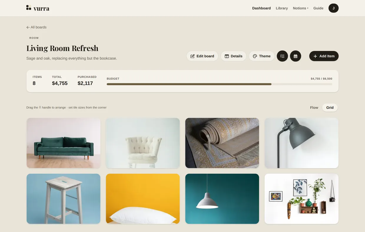 The same board in Grid view. A bento layout of larger and smaller image tiles showing the sofa, chair, rug, lamp, stool and cushions, with prices overlaid.