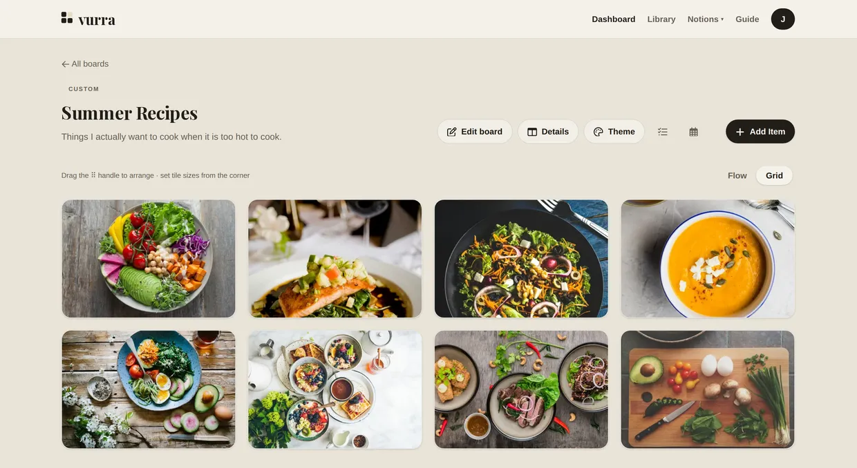 A Vurra board called Summer Recipes in Grid view: eight dishes shown as large photographs. A rainbow salad bowl, salmon with cucumber salsa, a kale salad, chilled carrot soup and a brunch spread: with no prices anywhere on the board.