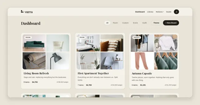 The Vurra dashboard showing several room boards side by side, each with its own item count, running total and budget.