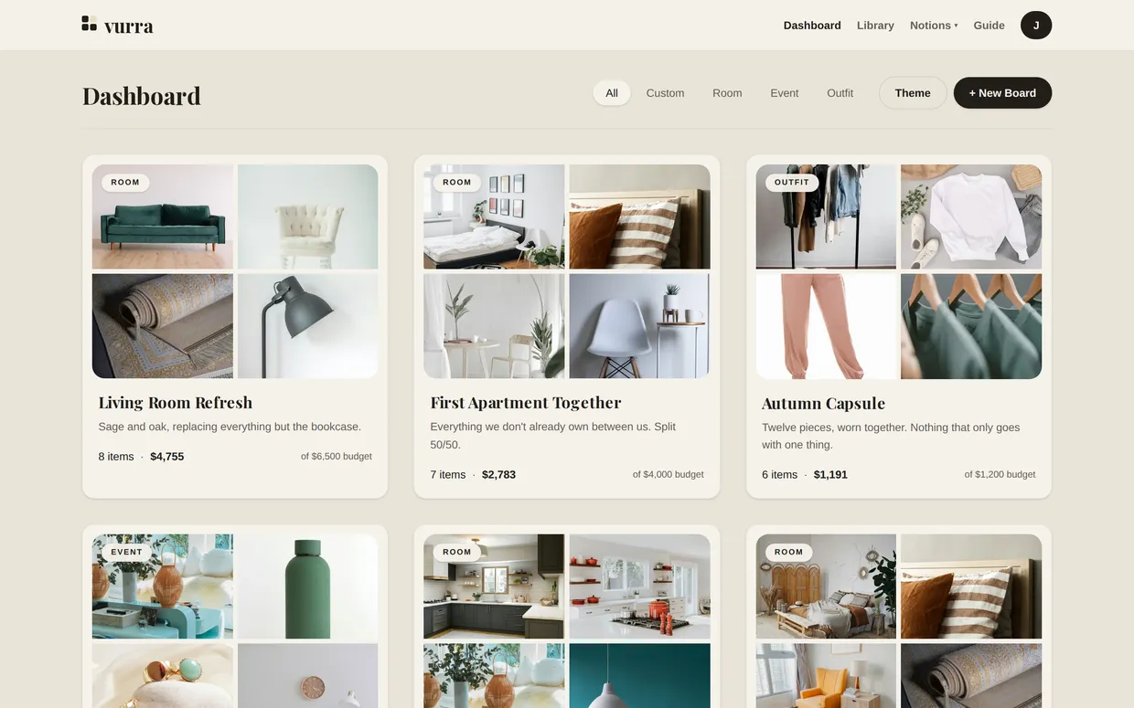 The Vurra dashboard: five board cards, each with a four-photo collage, a type label such as ROOM or OUTFIT, a description, and a footer reading for example '8 items · $4,755' and 'of $6,500 budget'.