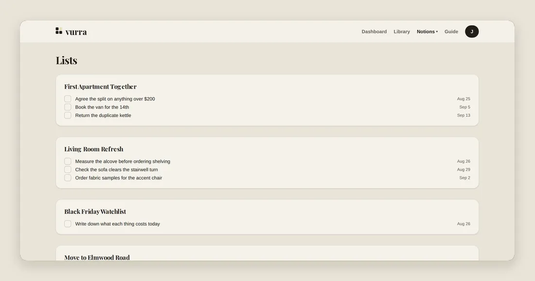 The Vurra Lists page: tasks grouped under the board they belong to, including agreeing the split on anything over a set amount.