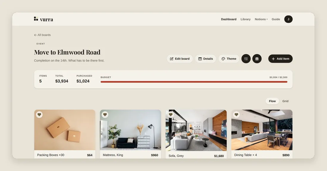 A Vurra board called Move to Elmwood Road, showing what is being bought alongside what is already accounted for.
