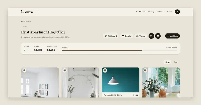 A Vurra board called First Apartment Together, with items tagged by who paid for them and a running total against a $4,000 budget.