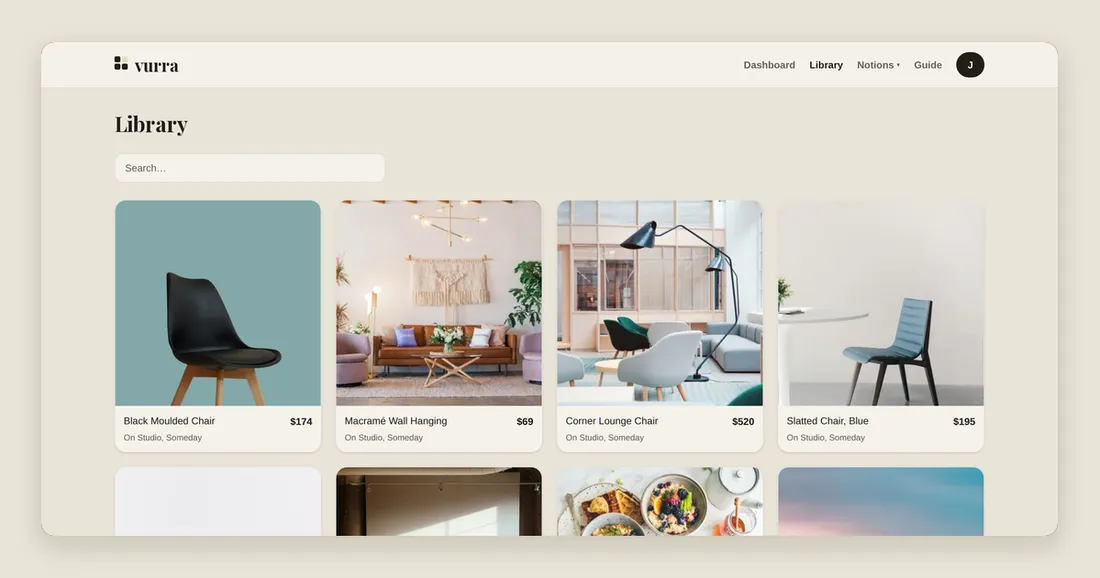 The Vurra Library: items saved from around the web and kept, whether or not they were ever bought, each as a picture with its source.