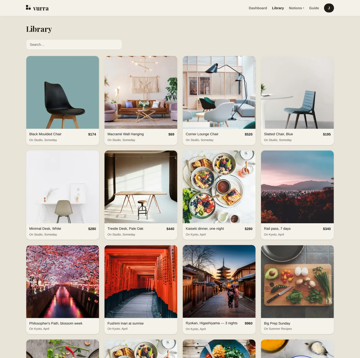 The Library page: a grid of saved product cards with photos, titles and prices, each showing which boards it currently appears on.