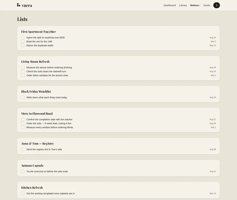The Lists page: tasks grouped under board headings: First Apartment Together with 'Agree the split on anything over $200' and 'Book the van for the 14th'; Living Room Refresh with 'Measure the alcove before ordering shelving': each with a checkbox and a due date.