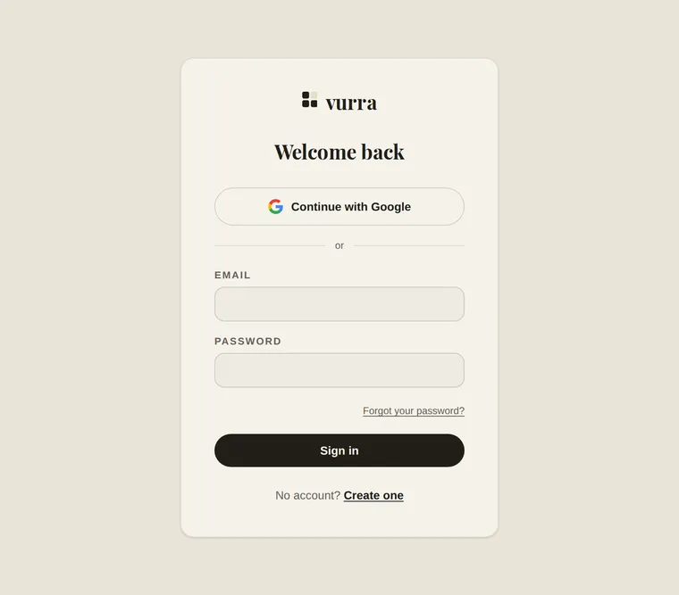 The Vurra sign-in screen: the vurra lockup, fields for email and password, a sign-in button, and an option to continue with Google.