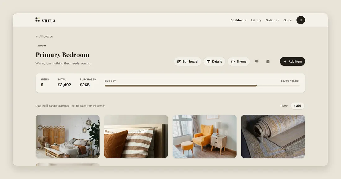 A Vurra board for a bedroom in Grid view: a picture-led bento layout where every tile is a real item with a price.