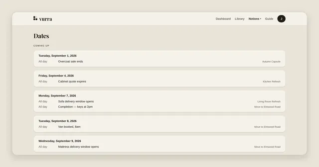 Vurra's Dates page listing upcoming deadlines: a cabinet quote expiring, a sofa delivery window, completion day and the van booking.