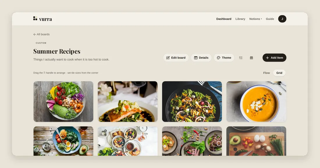 A Vurra board called Summer Recipes in Flow view, each recipe carrying its cook time and servings as fields.