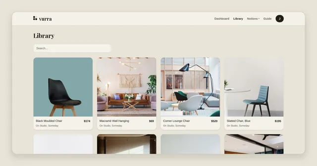 Vurra's Library page: every product saved so far in one grid, each showing which boards it appears on.