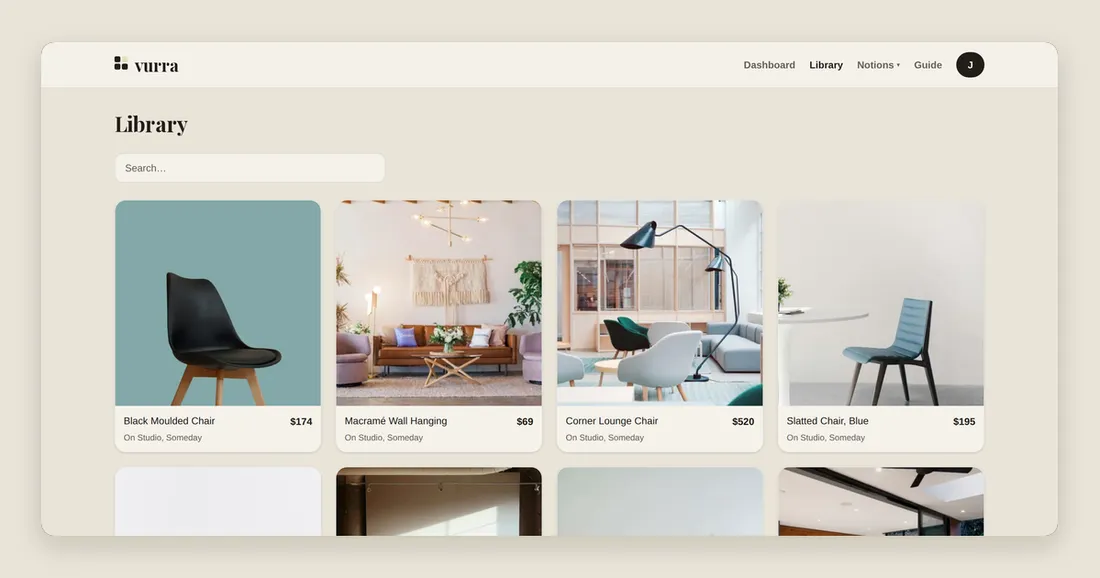 Vurra's Library page: every product saved so far in one grid, each showing which boards it appears on.