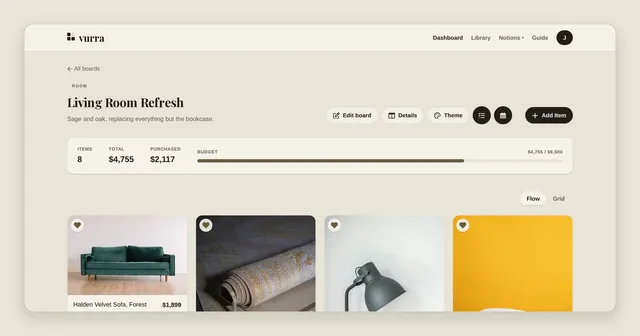 A Vurra board called Living Room Refresh showing 8 items, $4,755 total and $2,117 purchased against a $6,500 budget.
